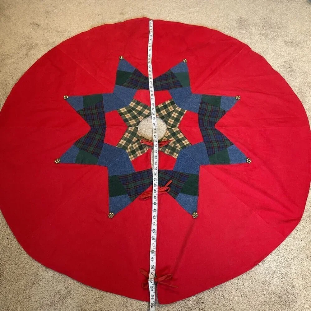 Vintage Pier 1 Christmas Tree Skirt Patchwork Corduroy Denim Jingle Bells 54